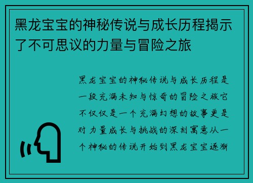 黑龙宝宝的神秘传说与成长历程揭示了不可思议的力量与冒险之旅 黑龙宝宝的神秘传说与成长历程揭示了不可思议的力量与冒险之旅