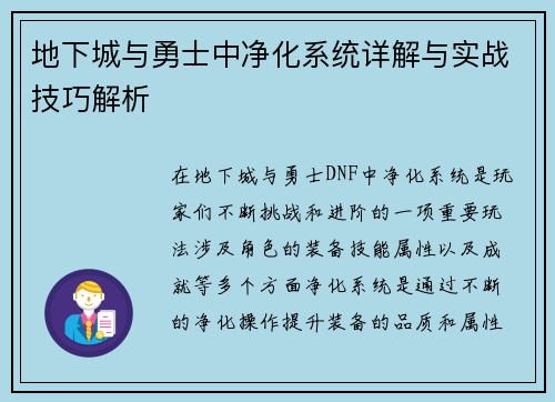 地下城与勇士中净化系统详解与实战技巧解析 地下城与勇士中净化系统详解与实战技巧解析